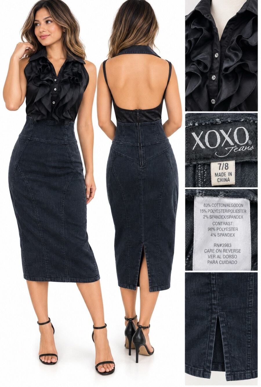 Y2K Indie Sleaze XOXO Halter Ruffle Pencil Midi Dress Sz 7 Black Denim Backless